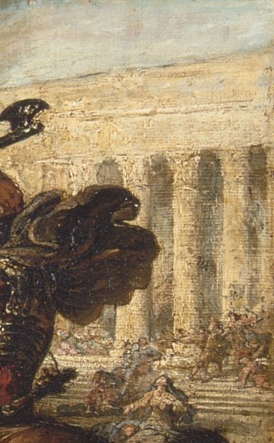 The Corinthian columns identify the location as the Temple Mount and serve as a symbol of a civilization being annihilated , their architectural grandeur contrasts brutally with the carnage before them.