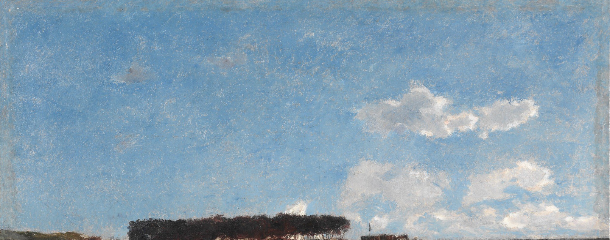 The dominant sky, with its subtle color variations, sets the mood and atmosphere of the scene, conveying openness and light.