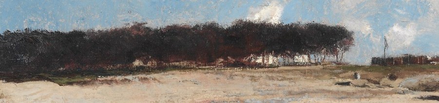 This dense, dark mass provides a strong horizontal anchor and contrast to the sky, hinting at a coastline or island.