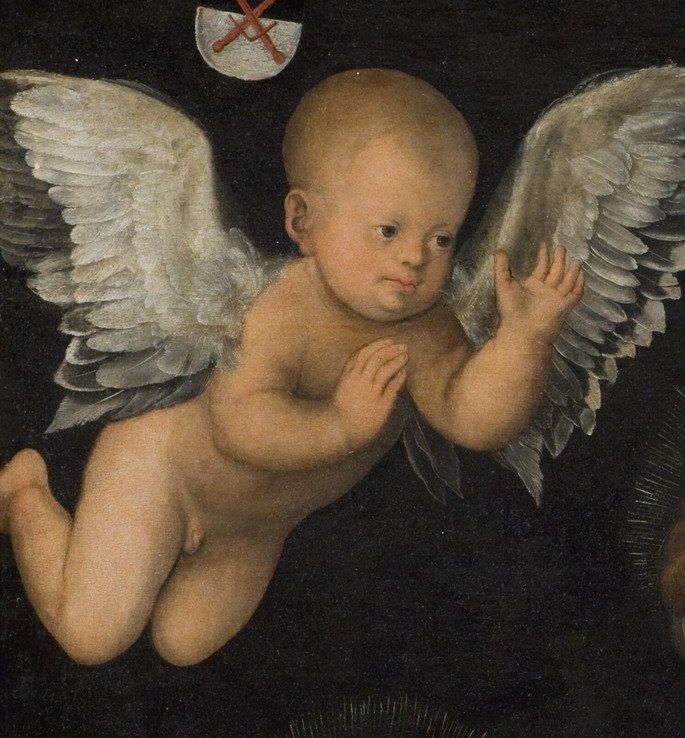 Its plump form and outstretched wing add a sense of movement and divine presence.