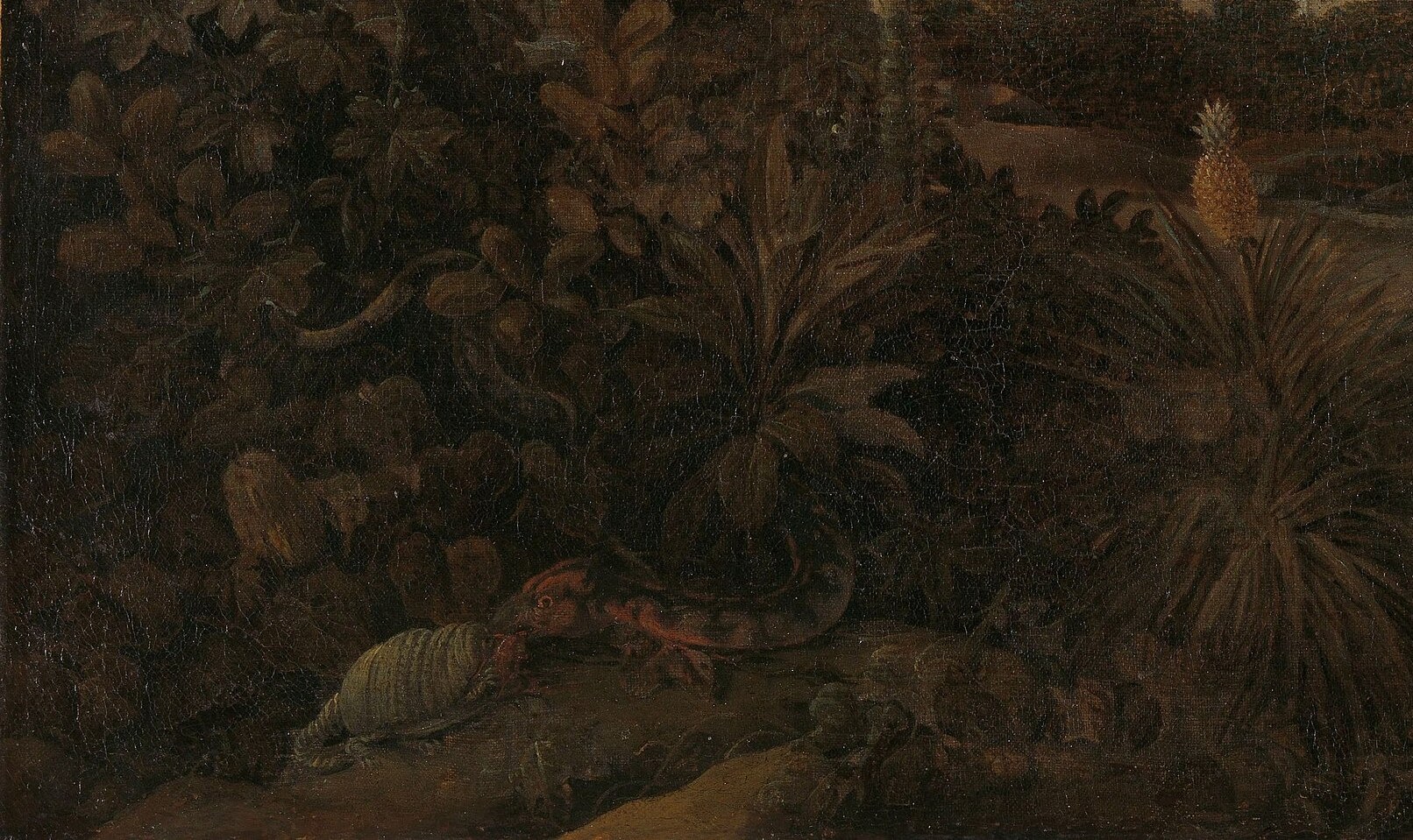The heavy shadows and detailed leaves in the lower left create a sense of depth and mystery, drawing the viewer into the scene.