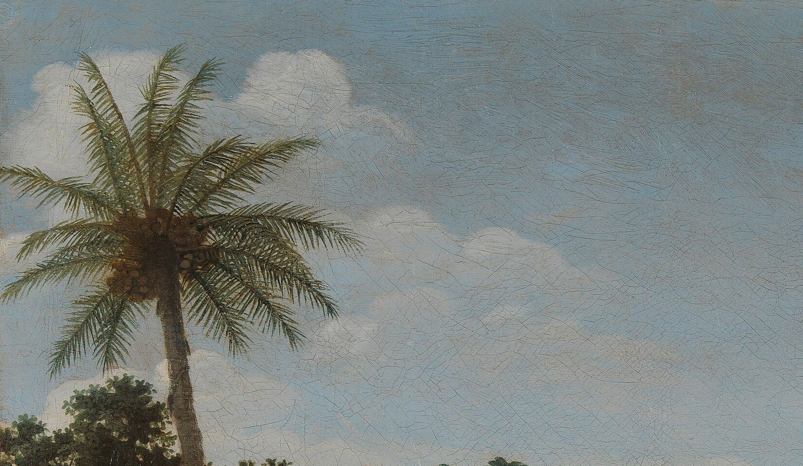 The scene blends cultivated order with exotic nature.