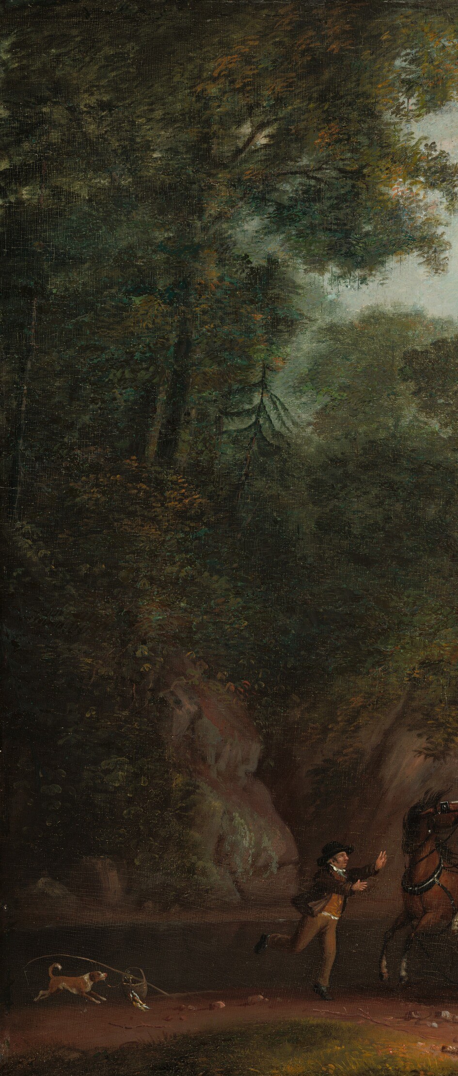 Theatrical coulisse framing; their deep shadow dramatically stages the sunlit coach and is a hallmark Claudean compositional device Fisher inherited from European landscape tradition.