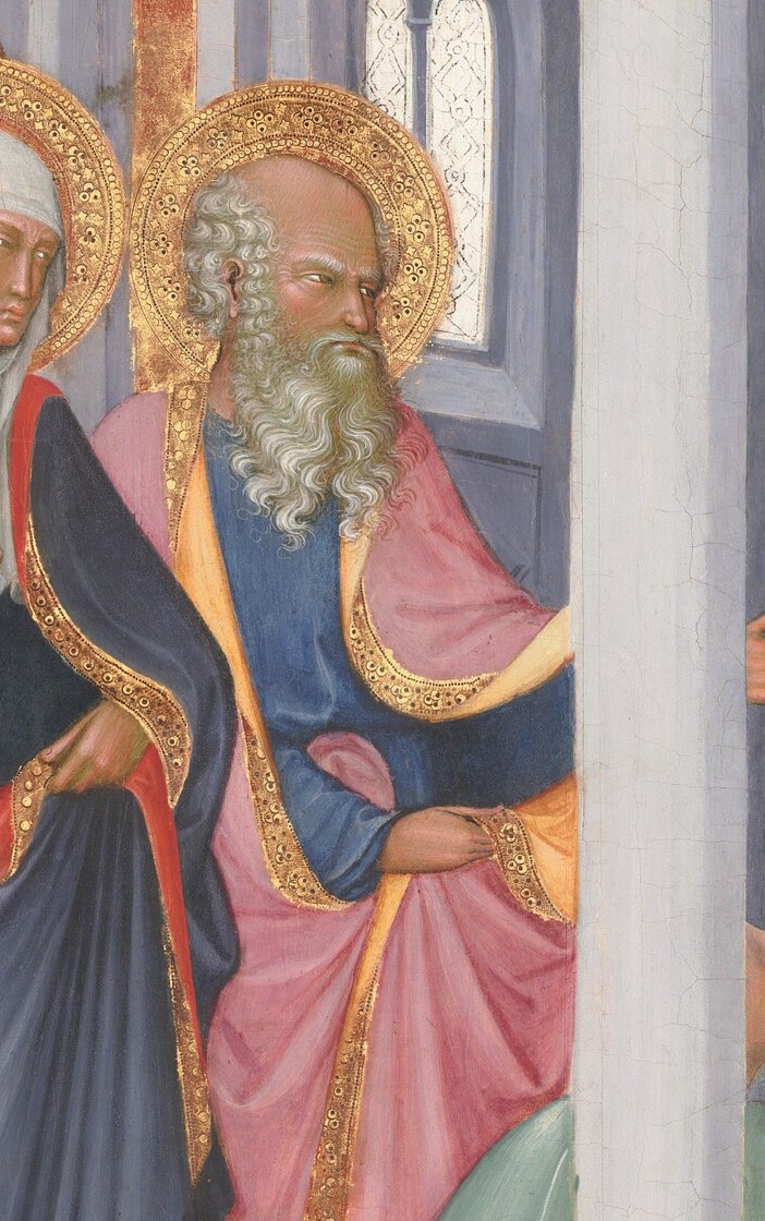 His halo and attentive gaze suggest he is a significant figure, perhaps a prophet or elder.