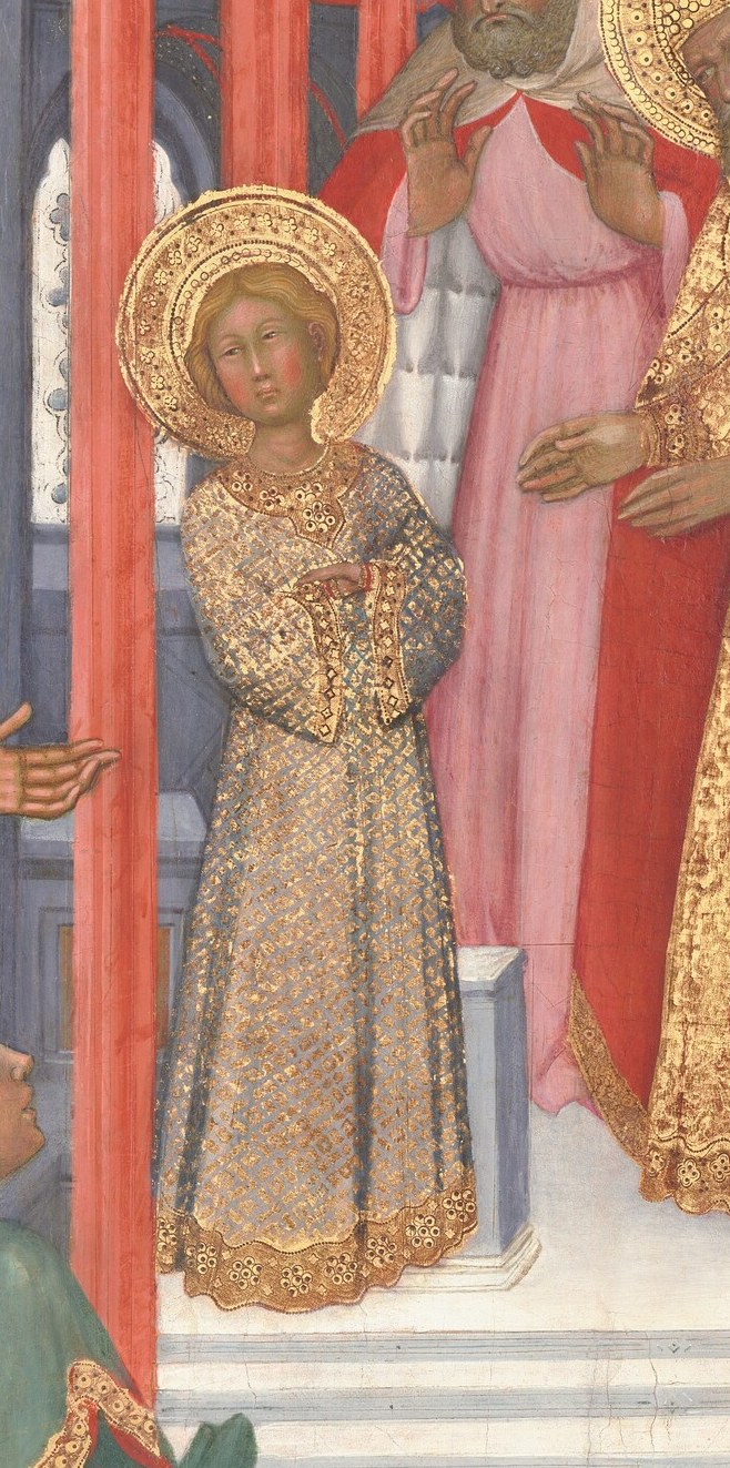 The young girl ascends the Temple steps, a momentous event.