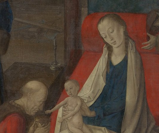 The theological center of the entire scene , the small, pale figure against Mary's deep red robe creates maximum color contrast and draws the eye instinctively.
