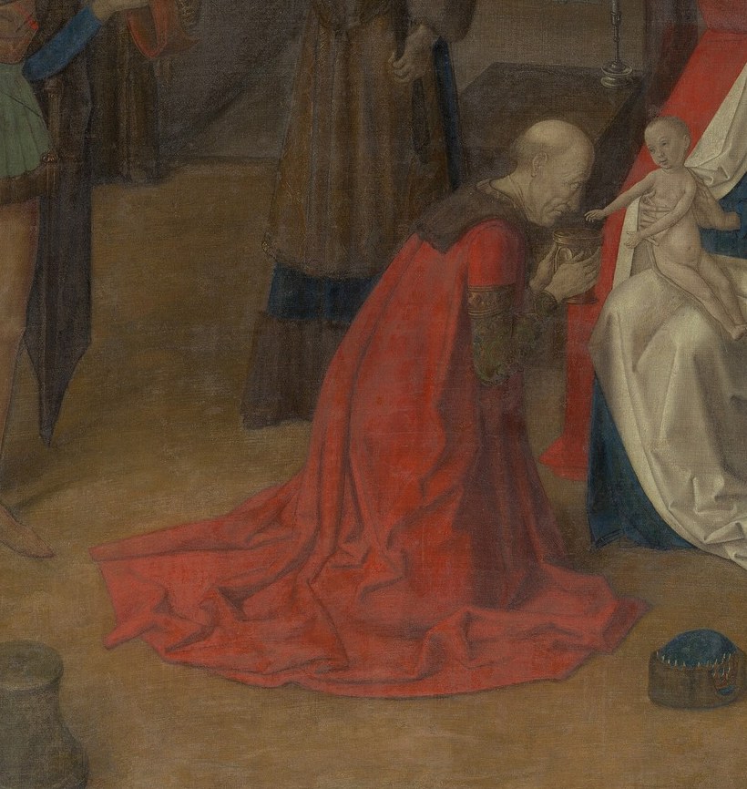 The most dramatic posture in the composition , the act of kneeling collapses the social distance between a king and an infant, making the gesture legible across centuries.