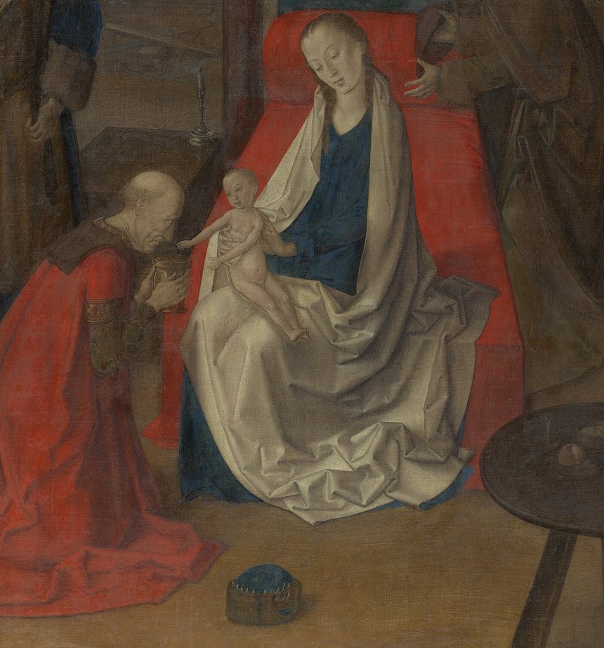 The largest single color mass in the painting , tempera red of this saturation requires skilled layering; the folds demonstrate van Gent's mastery of volumetric drapery before oil became dominant.