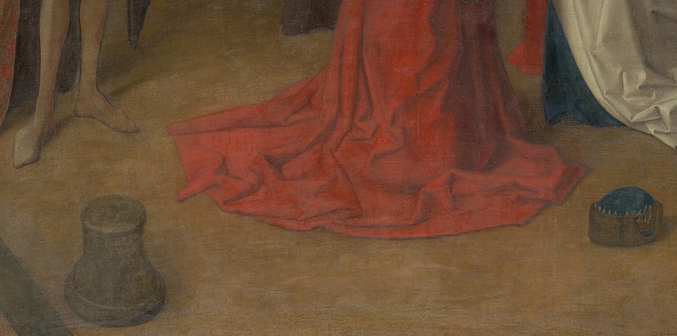 A virtuoso tempera passage , the pooled crimson fabric at floor level is a deliberate status marker and compositional weight that anchors the entire lower register.
