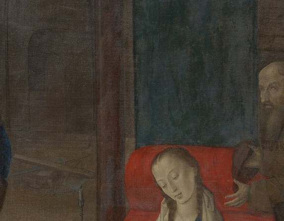 The focal emotional anchor , her downward gaze at the Child sets the painting's quiet reverence; the elaborate headdress signals her queenly status.