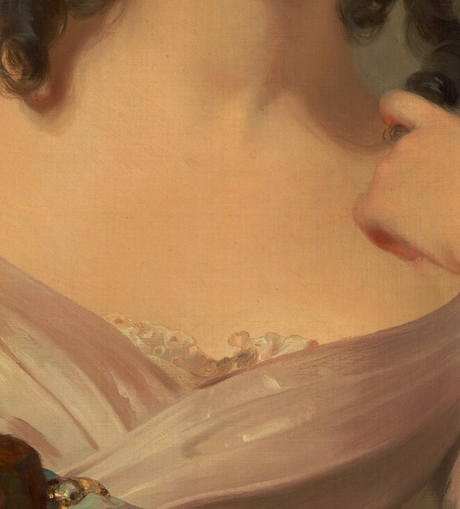 Her younger sister touches her chest, perhaps in introspection.