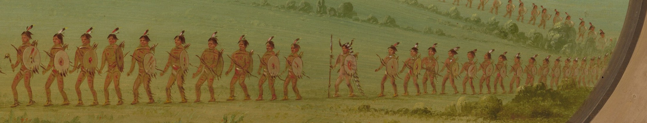 Here, figures move through the landscape of Iowa territory.