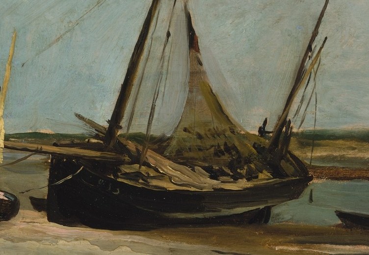 The dominant sailboat, with its detailed rigging and hull, conveys a sense of scale and the maritime activity of the scene.