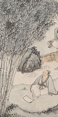 Dense, vertically stacked trees anchor the composition's left edge, their ink tonality contrasting with the pale scholars below , a classic Chinese landscape framing device.