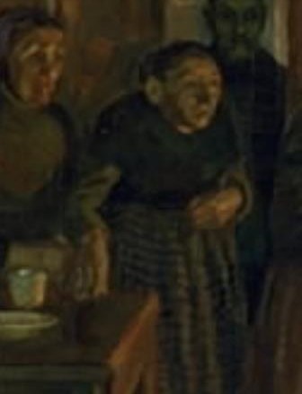 The woman in the center clasps her hands in silent pain.