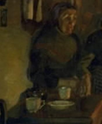 Observe the woman on the left, consumed by grief.
