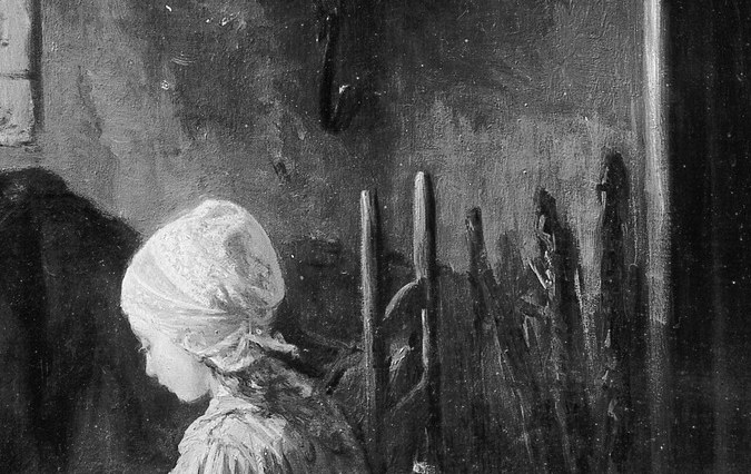 The second luminous accent balancing the grandmother's cap; the downward tilt signals concentration and submission to learning , posture as emotion.