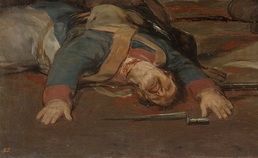 Shows the brutal cost of the uprising, a fallen figure in the foreground.
