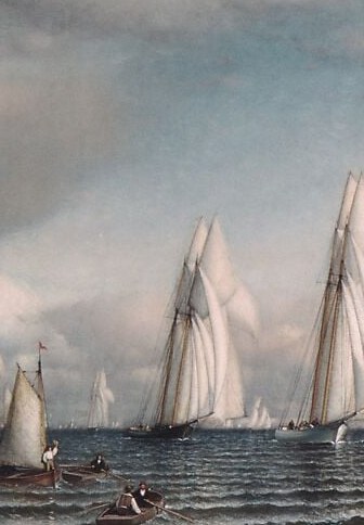 The dominant vessel , almost certainly the American winner Magic , its tall, taut sails catch the light and draw the eye as the race's protagonist