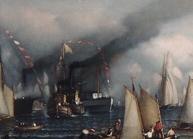 The spectator fleet gives the scene its historical scale , the race drew enormous public attention and these boats are evidence of that moment