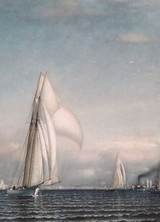 The rival schooner running close alongside; the proximity of the two big yachts makes the finish feel immediate and contested