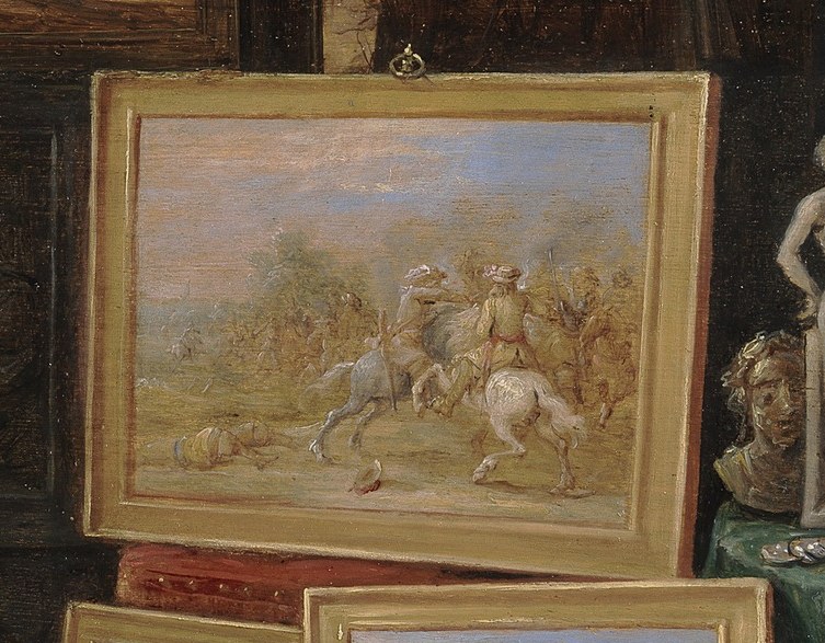 This large, prominent artwork within the scene suggests the kind of grand historical painting that might be contrasted with the monkey's more humble efforts.