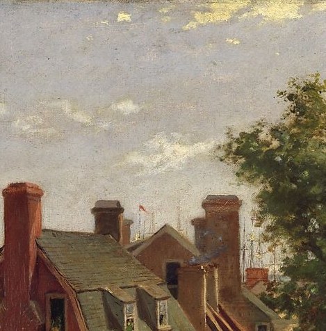 Provides a green canopy that softens the hard brick geometry and draws the eye deep into the composition; its dappled shadow falls across the road, creating the scene's warmest pictorial passage.