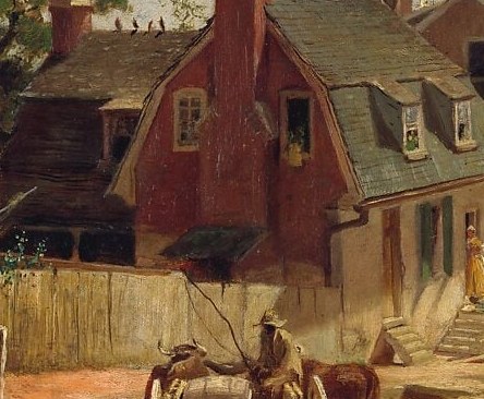 The compositional anchor , a working animal and vehicle freeze the street as colonial-era daily life, not 1870s modernity, which was Mayer's deliberate intent for the Centennial year.