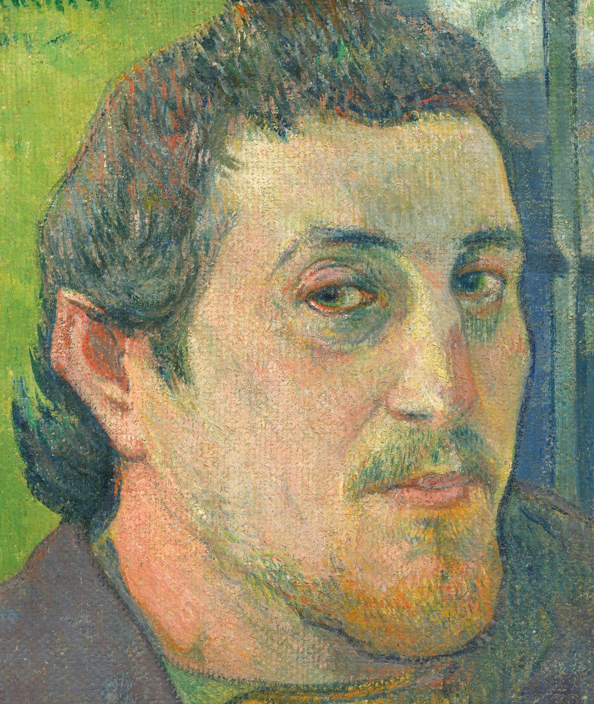 His face, too, uses bold planes, not soft realism.