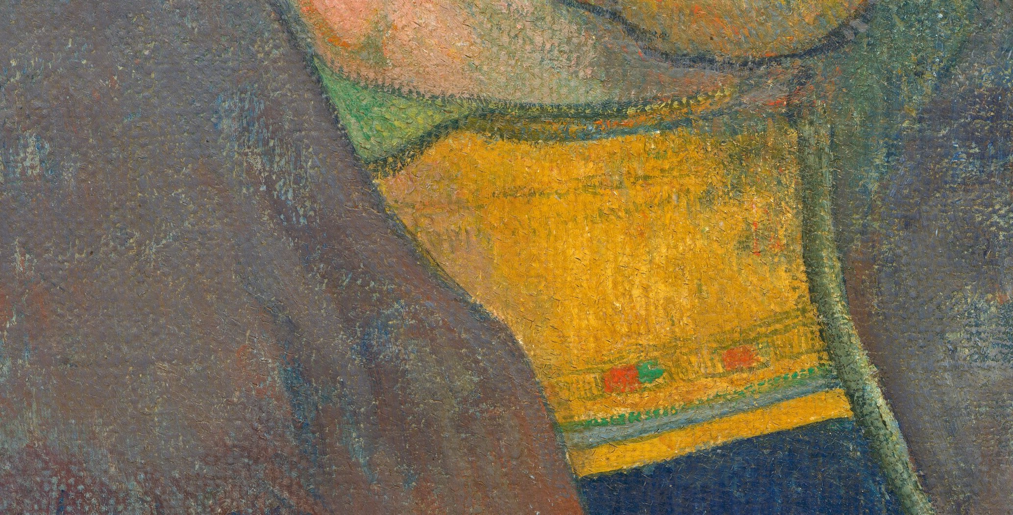 Notice the intense yellow collar, a jolt of pure symbolic color.