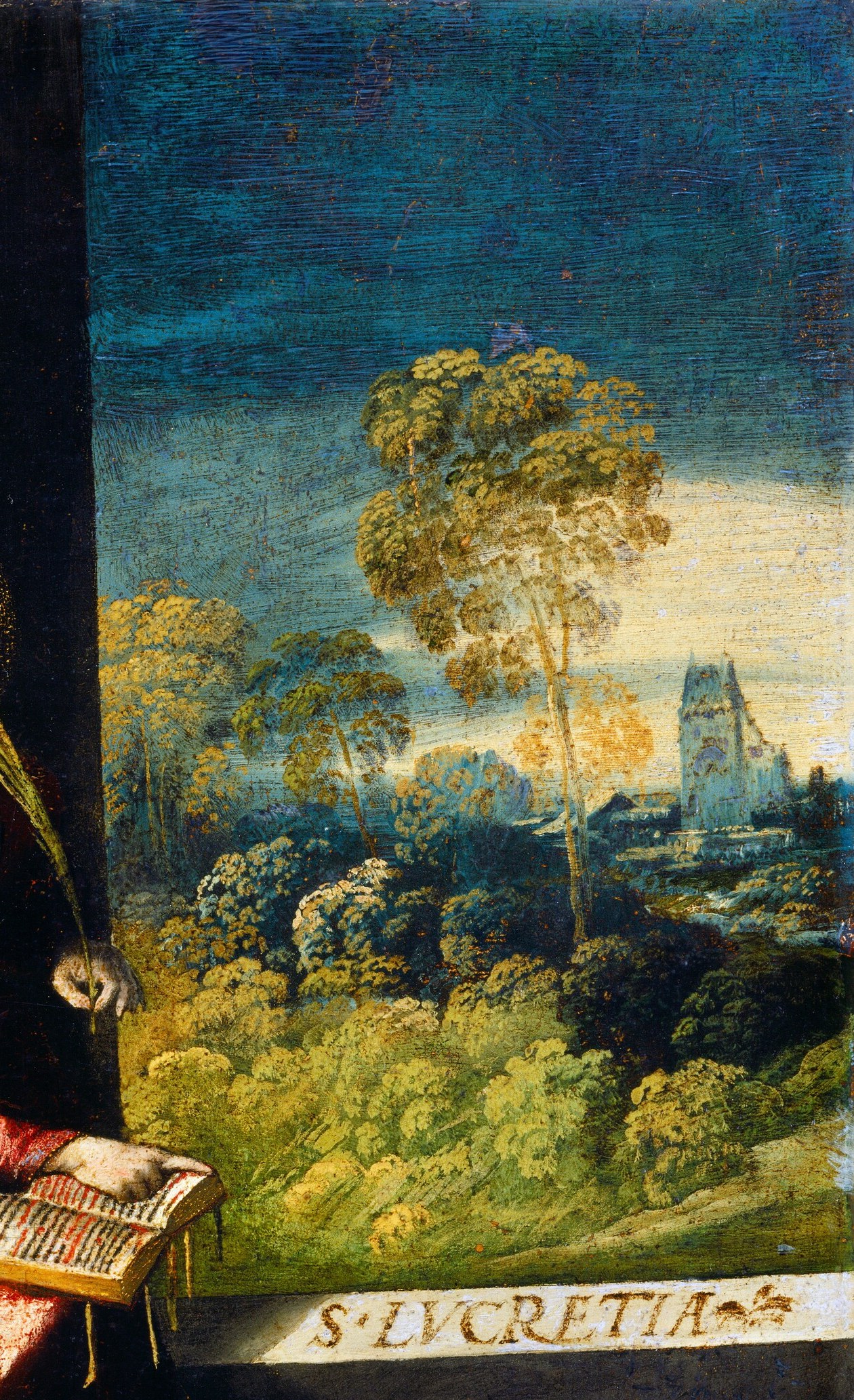Soft atmospheric hills, trees, and a distant tower open the space and place the scene in northern Italian Renaissance territory , a witness detail.