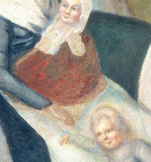 The older daughter, too, holds a baby, learning her future role.