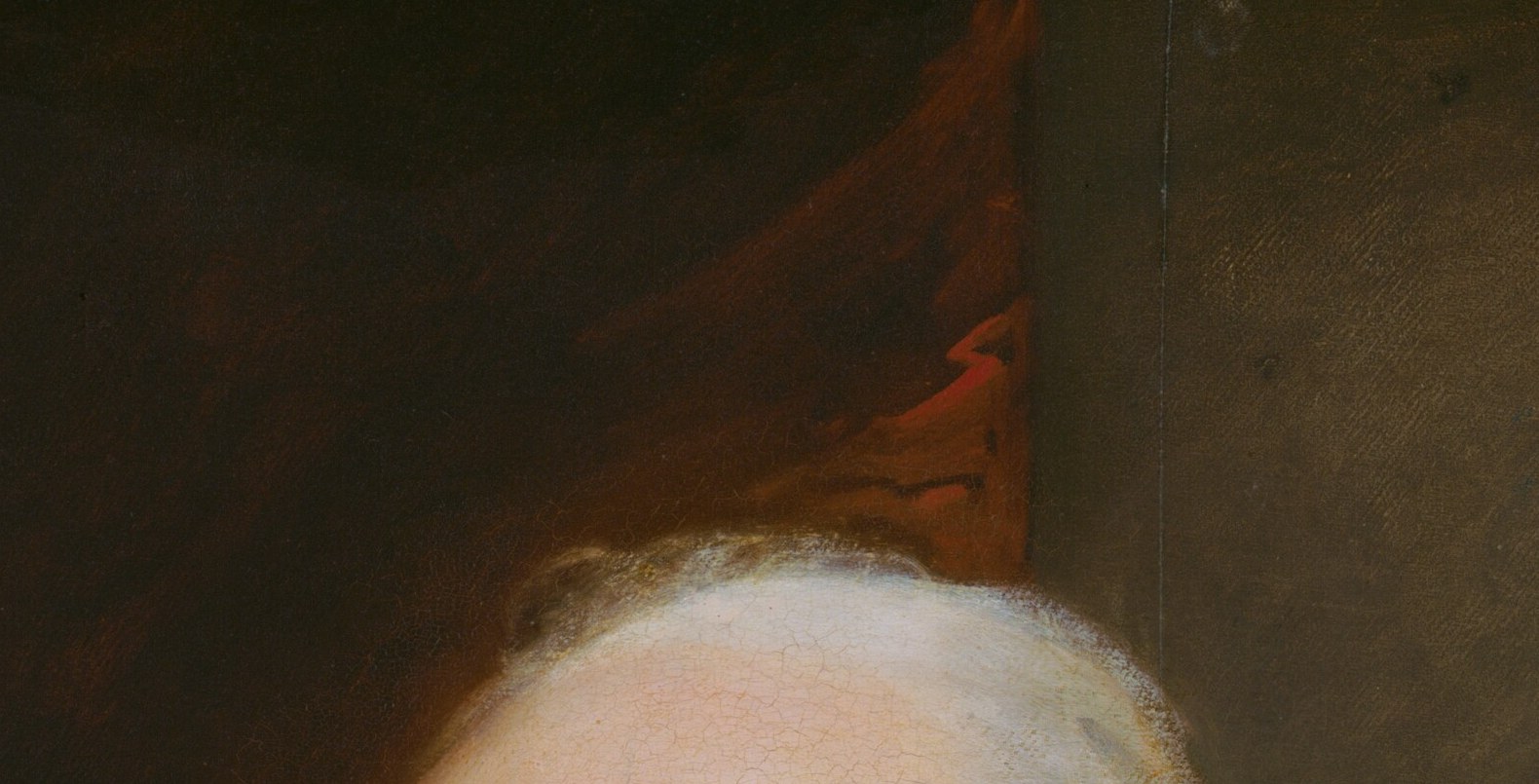 Fine white hair brushed close to the skull , natural, not powdered wig , signals the transitional fashion moment of the early 1810s republic.