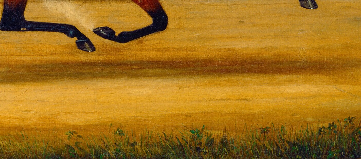 Dust flies, marking the horse's powerful stride.
