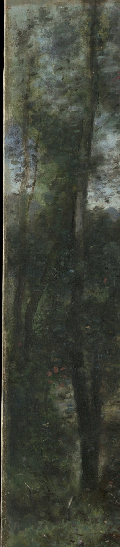 Deep brown silhouettes that frame the scene as a stage wing; their near-black values against pale depth demonstrate Corot's tonal control and his debt to the Barbizon school.