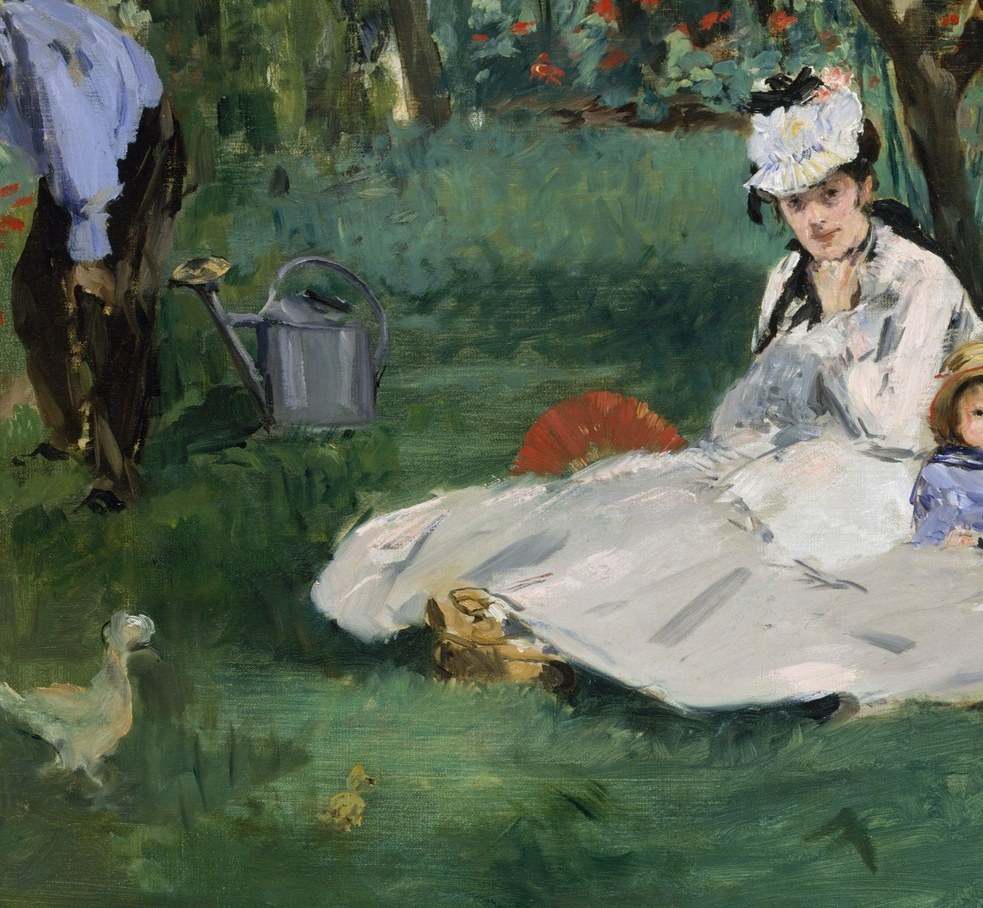 Now Camille, in front. White dress, plumed hat.