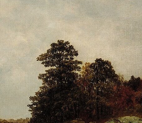 The only strong vertical anchor in the composition; silhouetted against the pale sky, this grove is the single assertive mass in an otherwise horizontal world