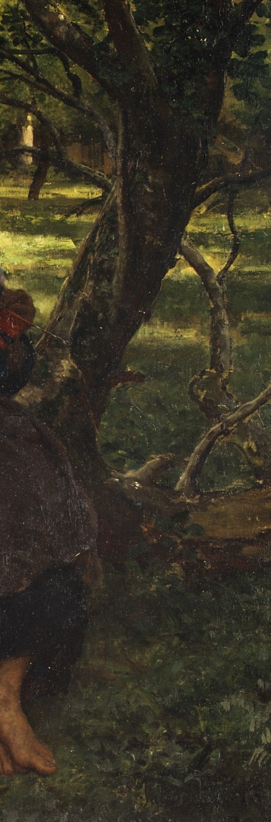 Acts as a dark structural counterweight; its rough organic bark contrasts the smooth textile and soft skin, and implies age and rootedness mirroring rural continuity.
