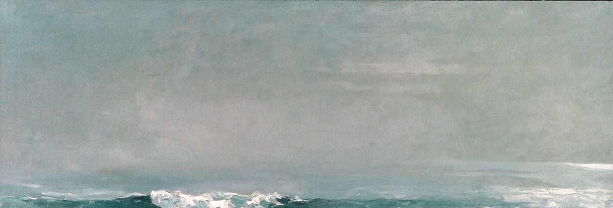The emotional keynote of the painting , its oppressive pallor forecloses hope; no sunlight, no rescue; the sky and sea share the same cold palette