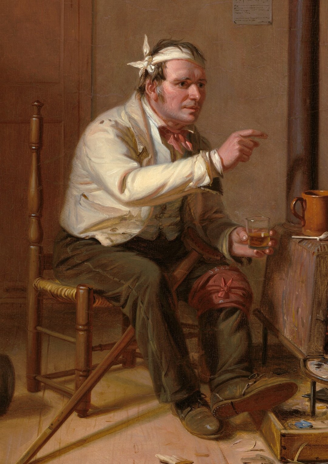 A man tells a dramatic story, gesturing wildly with his bandaged head.