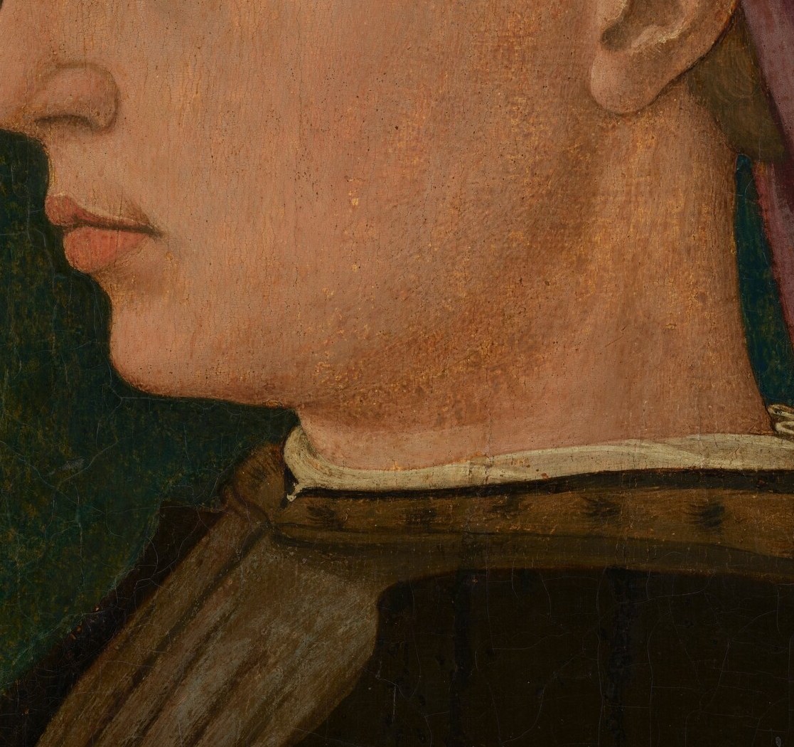 The razor profile of the jaw with no beard marks this as a young man , facial hair was grown by older men; the beardlessness signals youth and unmarried status in 1430s Florence