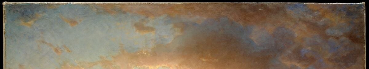 The sky graduates from cold blue overhead to warm salmon at the horizon , a full atmospheric temperature range compressed into one canvas