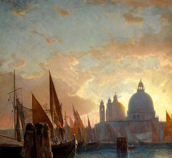 The warm sails act as the painting's main light-trap, concentrating the sunset palette in a tangible object and providing the staccato vertical rhythm the description mentions