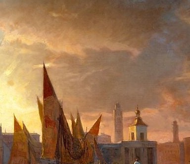 Haseltine deliberately dissolves the Baroque church's ornate surface into a dark mass against the blazing sun , the choice to demote architecture in favor of atmosphere is the painting's central argument