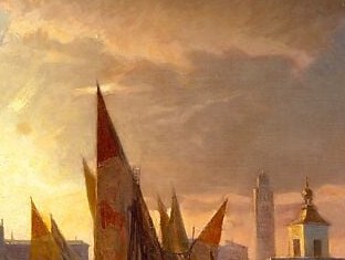 The sun crowns the dome like a secular nimbus, fusing sacred monument with natural spectacle in a single glowing node
