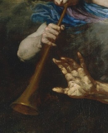 A celestial trumpet blast startles him.