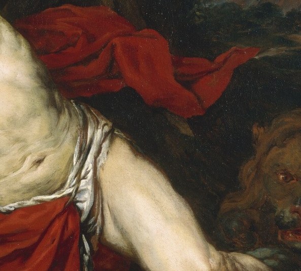 The vibrant red fabric adds dramatic flair and visual weight, highlighting his physical form and emotional state.