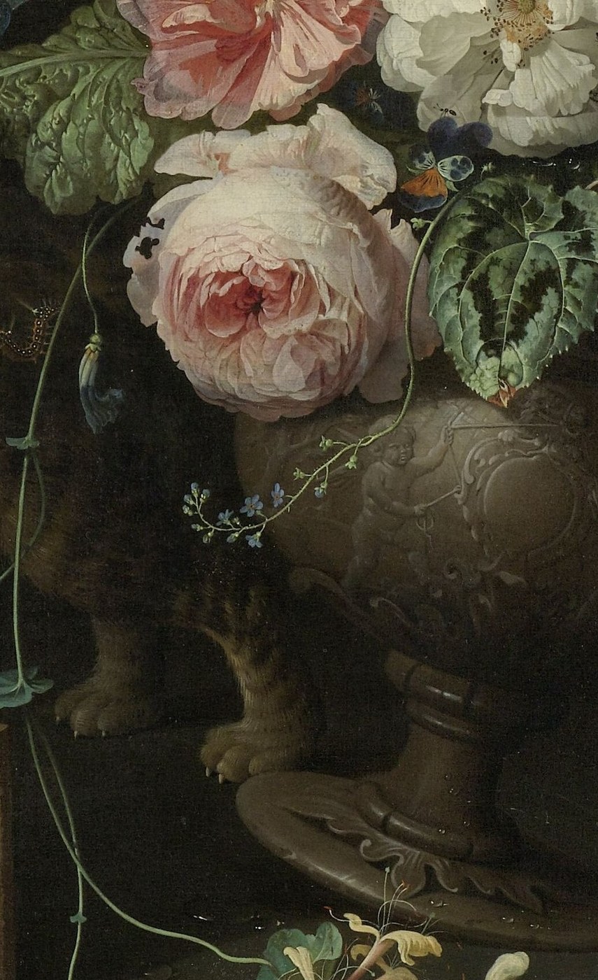 It was painted by Abraham Mignon in 1670, a Dutch still-life master.
