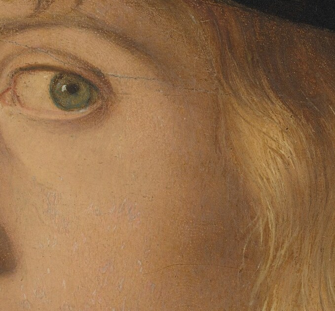 Slightly more shadowed than the right, with a catch-light that conveys life; the asymmetry gives the face psychological depth.