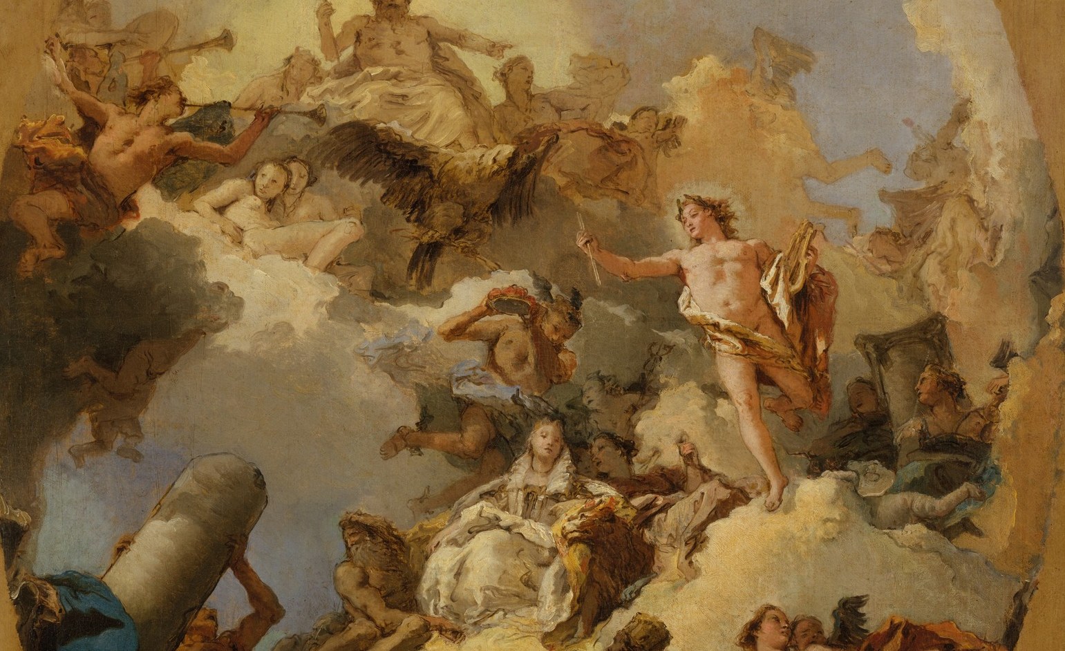 The cloud structure is the architecture , Tiepolo builds a celestial stage in impasted, layered whites where heaven and earth dissolve into each other; this is the painting's most tactile, textural passage.